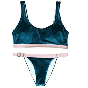 Green velvet bikini with pink straps. Large